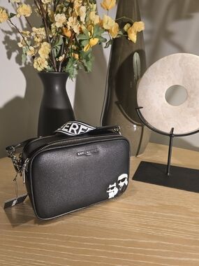 Karl Lagerfeld Black Pebbled Leather Crossbody with Monochrome Character Accent